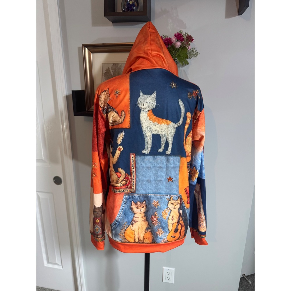 Women Artistic Catlady Patchwork Hoodie Orange Boho Cat Print Pullover Small - Picture 2 of 4